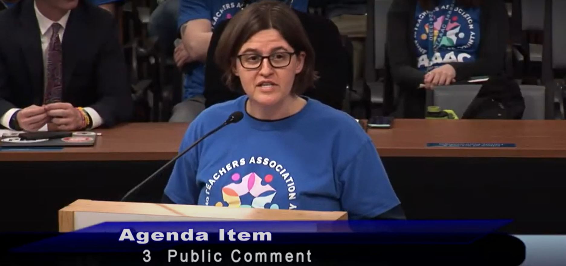 Kristina Korona speaking at the Board of Education hearing on the importance of planning time, capping non-professional duties, and extending pay for sub coverage.