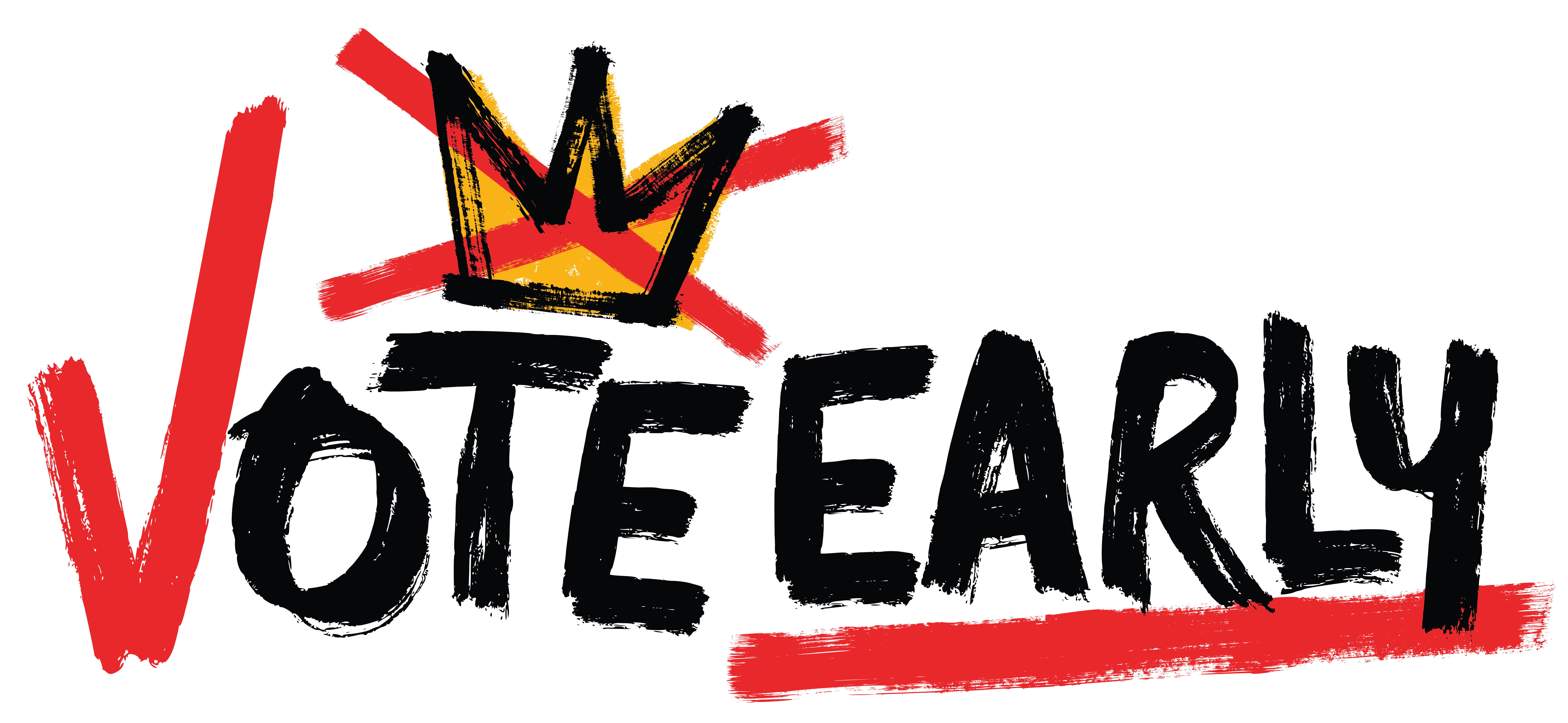 Graphic of a yellow crown with a red X through it (typically known as the No Kings logo) above the words Vote Early with the V appearing as a red check mark.